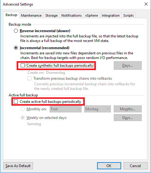 Veeam-Dialog Advanced Settings, Reiter Backup: Modus Incremental ist gewaehlt, die rot markierten Haken bei synthetischen und aktiven Vollsicherungen sind nicht gesetzt