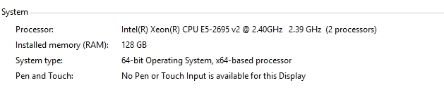 Windows-Systeminformationen: Xeon E5-2695 v2 mit 2,40 GHz, zwei Prozessoren, 128 GB Arbeitsspeicher