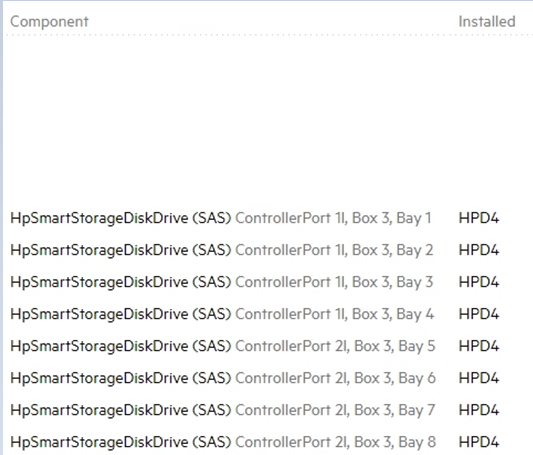 Komponentenliste vor dem Update: acht HpSmartStorageDiskDrive an den Controller-Ports 1I und 2I, Box 3, Bay 1 bis 8, alle auf Firmwarestand HPD4