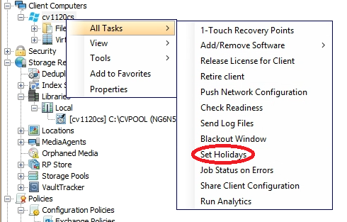 Kontextmenue eines Client Computers in der CommCell-Konsole: unter All Tasks ist der Eintrag Set Holidays rot markiert