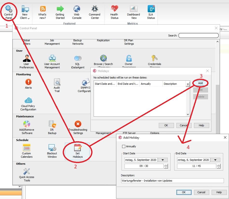 CommCell-Konsole mit vier nummerierten Schritten: Control Panel oeffnen, Set Holidays waehlen, im Dialog Holidays auf Add klicken und im Dialog Add Holiday Start, Ende und die Beschreibung ‘Wartungsfenster - Installation von Updates’ eintragen