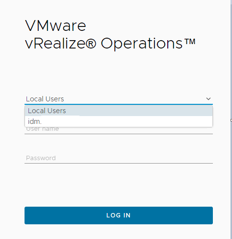Anmeldemaske von VMware vRealize Operations mit geoeffneter Auswahlliste, die nur noch Local Users und idm. anbietet
