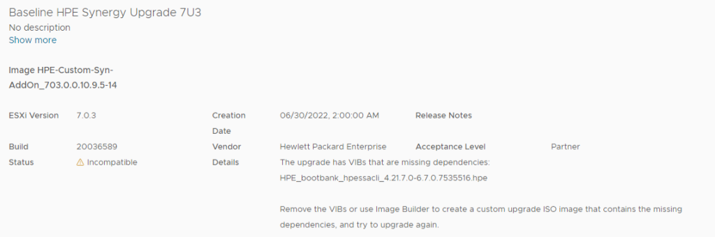 Upgrade-Baseline &lsquo;HPE Synergy Upgrade 7U3&rsquo; in vSphere mit Status Incompatible und dem Hinweis auf VIBs mit fehlenden Abhaengigkeiten